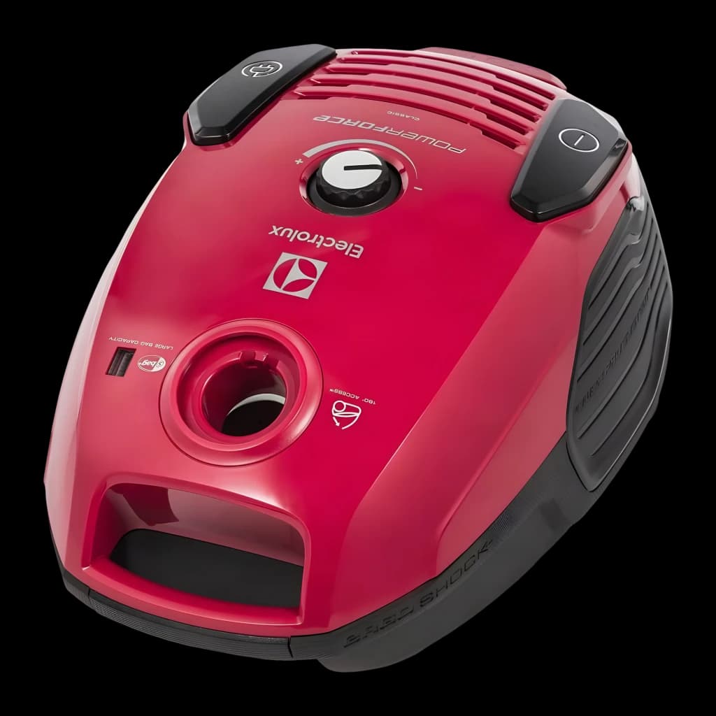 Aspirateur avec sac Electrolux Noir/Rouge 800W EPF61RR, vue dessus: molette de puissance, logo et entrée de tuyau visibles