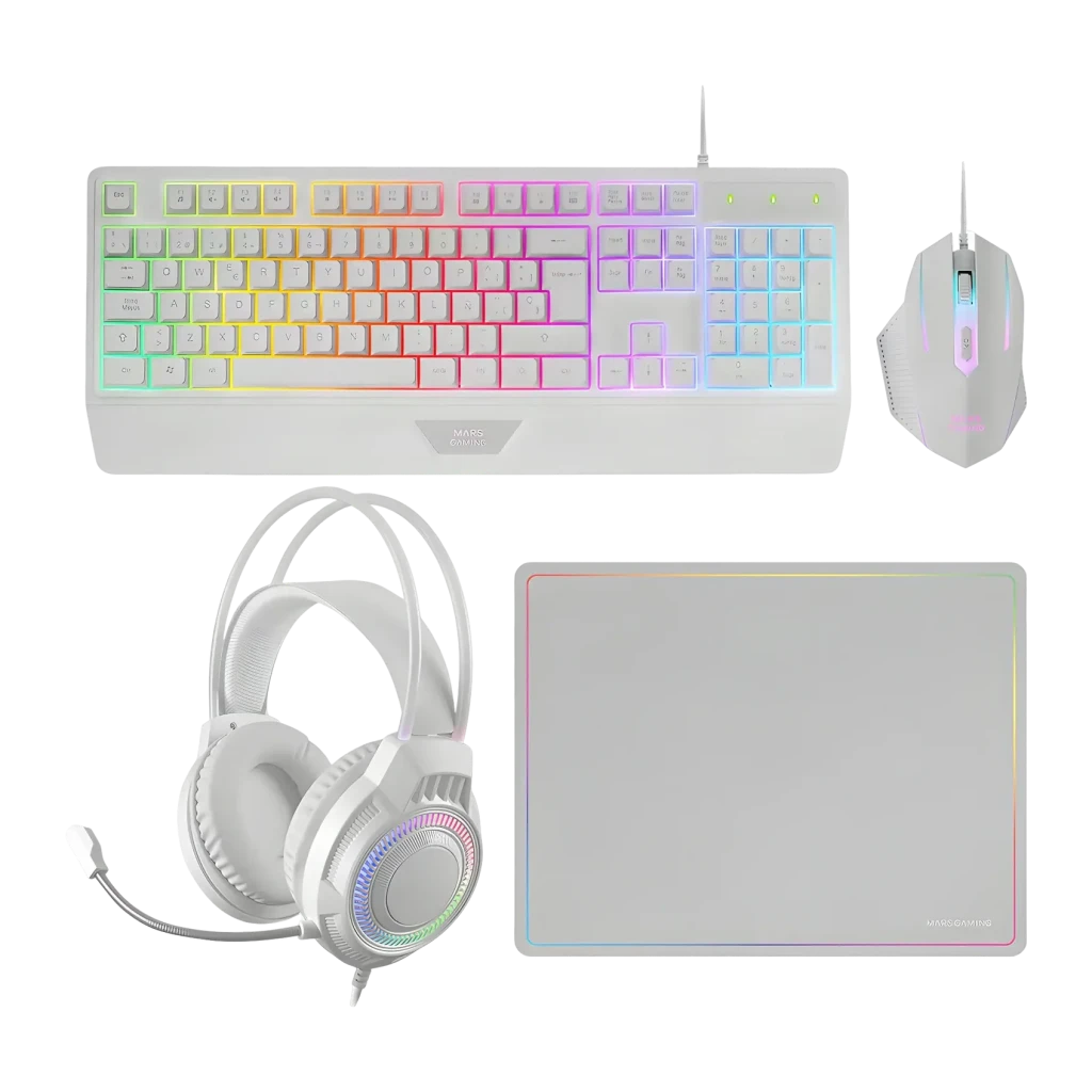 Combo Gaming Mars Gaming H-Mechanical Red 3200 DPI RGB Blanc MCP124PRO, vue du dessus: clavier, souris, casque et tapis