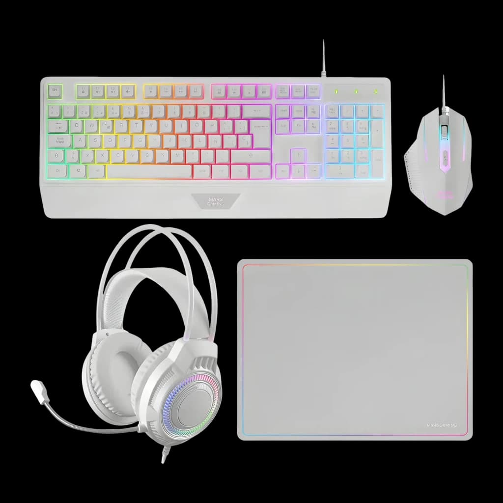 Combo Gaming Mars Gaming H-Mechanical Red 3200 DPI RGB Blanc MCP124PRO, vue du dessus: clavier, souris, casque et tapis