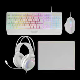 Combo Gaming Mars Gaming H-Mechanical Red 3200 DPI RGB Blanc MCP124PRO, vue du dessus: clavier, souris, casque et tapis