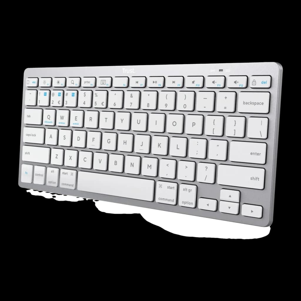 Teclado Trust Compacto Sem Fios Prata Bluetooth 4.0 Espanhol 24654, vista em ângulo: teclas brancas, moldura prateada