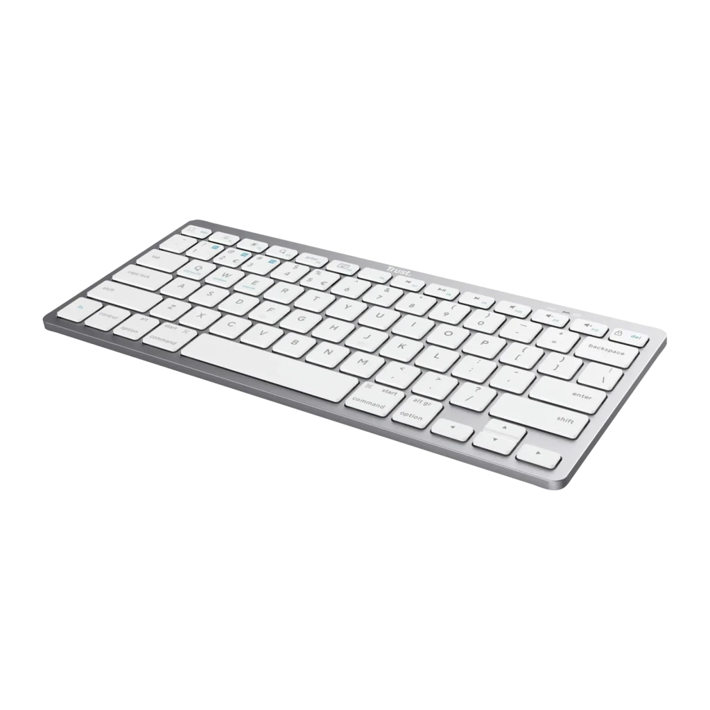 Teclado Trust Compacto Sem Fios Prata Bluetooth 4.0 Espanhol 24654, vista em perspetiva: teclas brancas sobre moldura