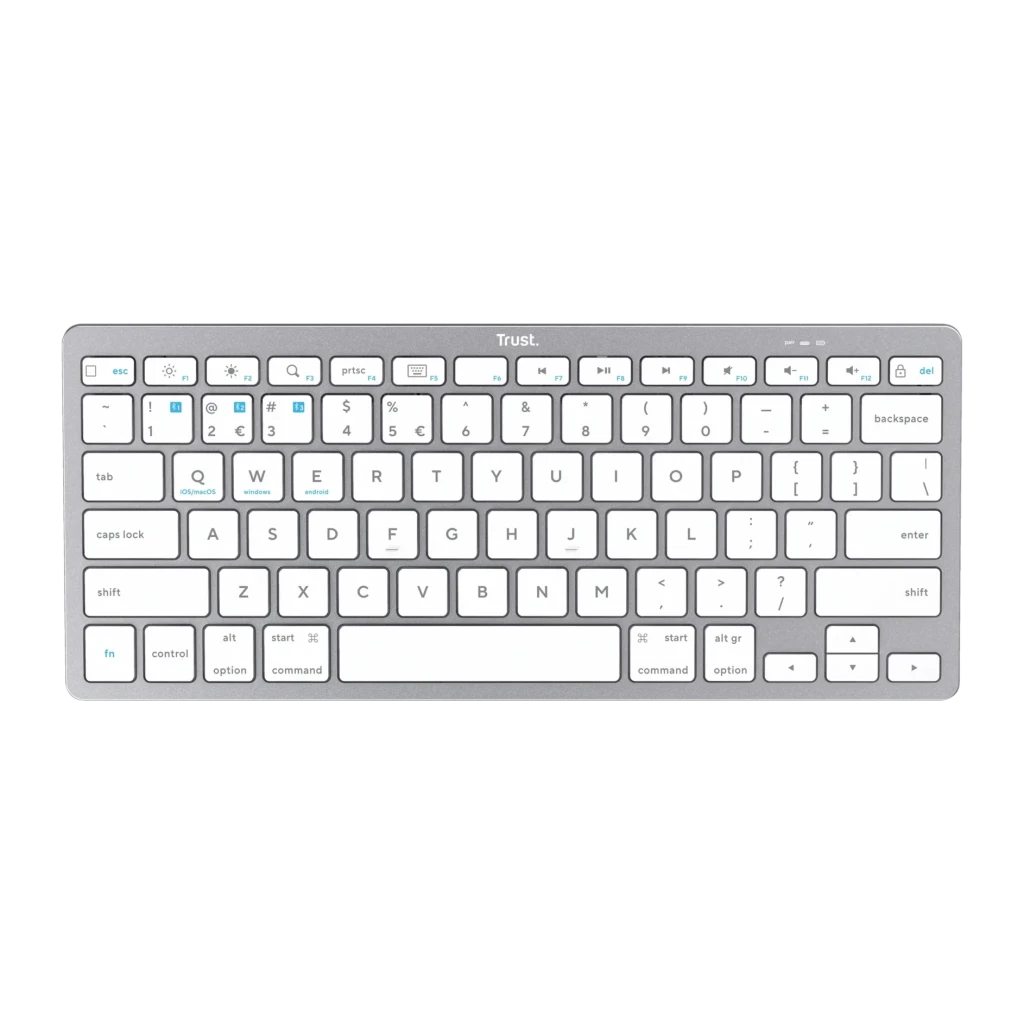 Teclado Trust Compacto Sem Fios Prata Bluetooth 4.0 Espanhol 24654, vista superior: teclas brancas com ícones azuis