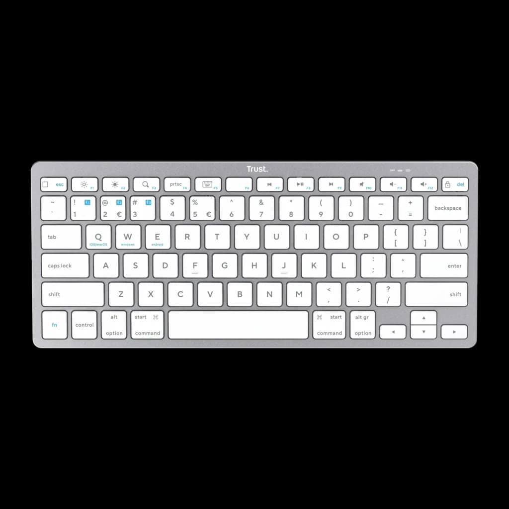 Teclado Trust Compacto Sem Fios Prata Bluetooth 4.0 Espanhol 24654, vista superior: teclas brancas com ícones azuis