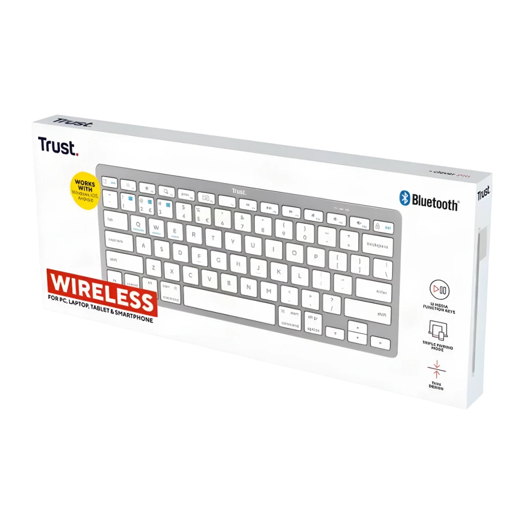 Teclado Trust Compacto Sem Fios Prata Bluetooth 4.0 Espanhol 24654, caixa: embalagem frontal em ângulo com teclado visível