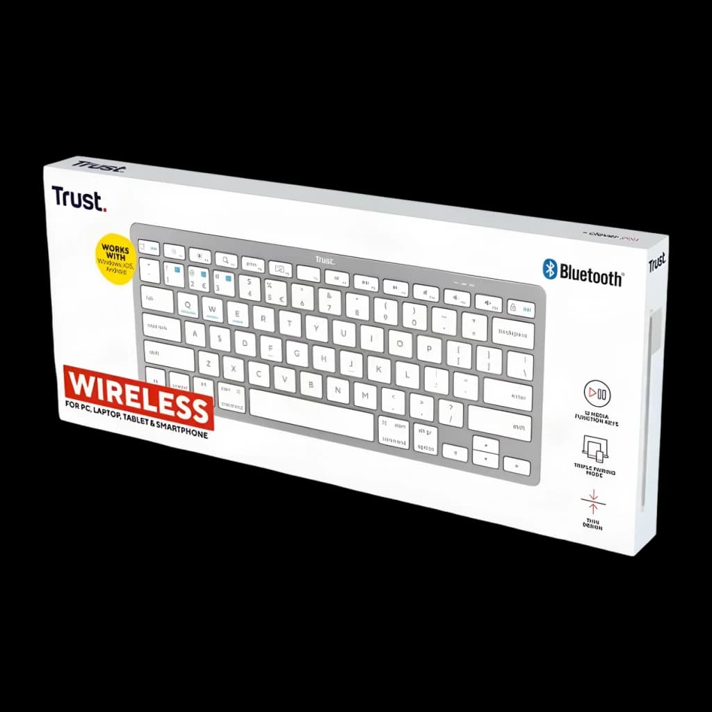 Teclado Trust Compacto Sem Fios Prata Bluetooth 4.0 Espanhol 24654, caixa: embalagem frontal em ângulo com teclado visível