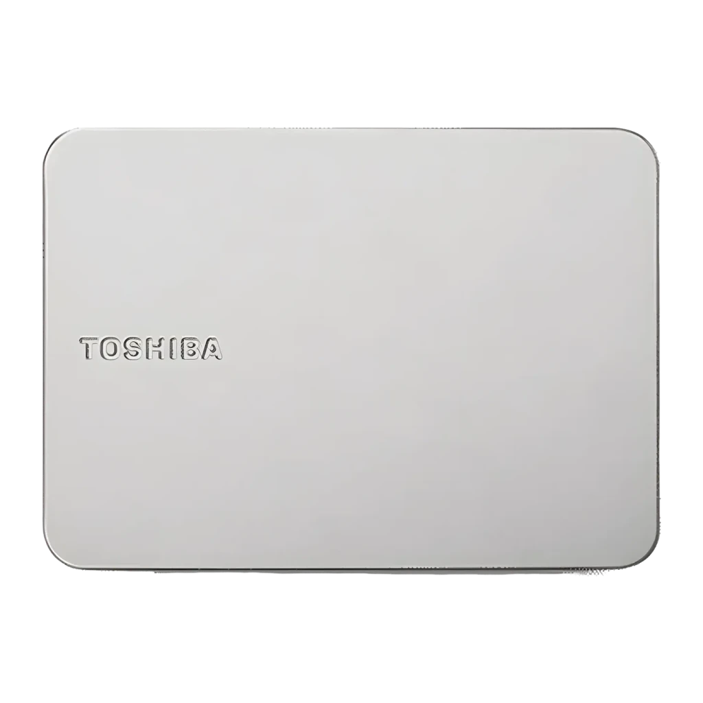 Disco duro externo Toshiba Canvio Flex 2TB HDD USB 3.2 Gen 1 Plata, vista superior: carcasa lisa con logo Toshiba en relieve