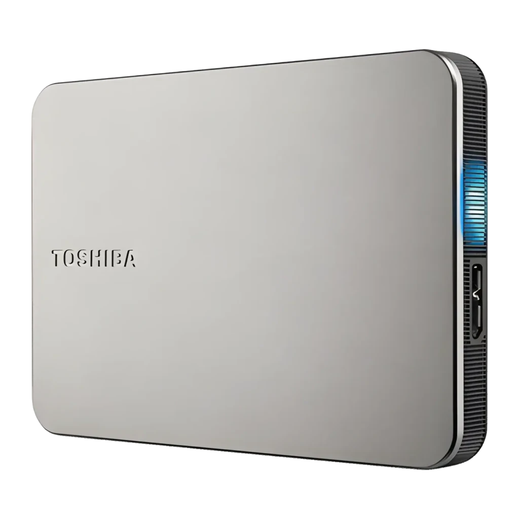 Disco duro externo Toshiba Canvio Flex 2TB HDD USB 3.2 Gen 1 Plata, vista en perspectiva: tapa superior con logo y puerto