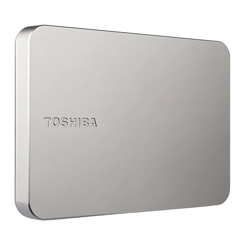 Disco duro externo Toshiba Canvio Flex 2TB HDD USB 3.2 Gen 1 Plata, vista en perspectiva: tapa superior con logo Toshiba