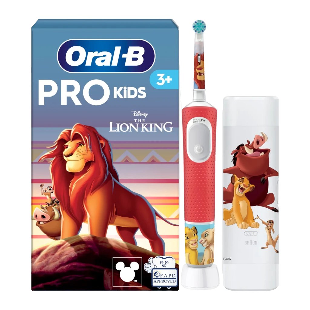 Escova Elétrica Braun Oral-B Pro Kids Rei Leão Oscilação e Rotação 2D 8 dias Vermelho, vista frontal: cabo vermelho