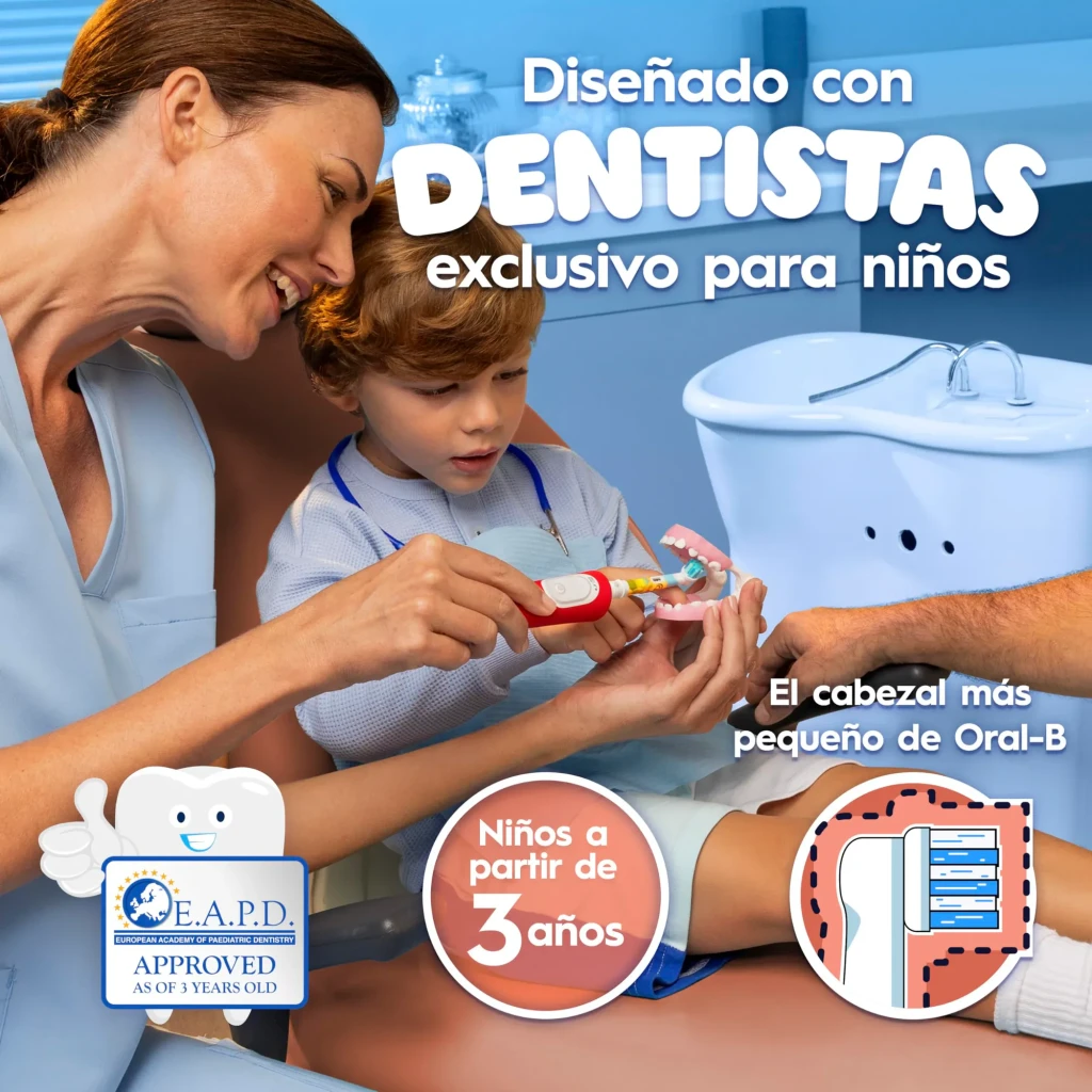 Escova Elétrica Braun Oral-B Pro Kids Rei Leão Oscilação e Rotação 2D 8 dias Vermelho, cena: criança com dentista usando