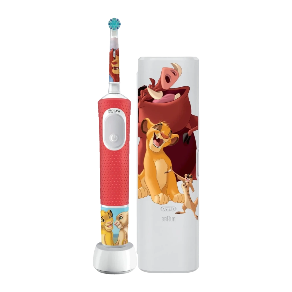 Escova Elétrica Braun Oral-B Pro Kids Rei Leão Oscilação e Rotação 2D 8 dias Vermelho, vista frontal: cabo vermelho