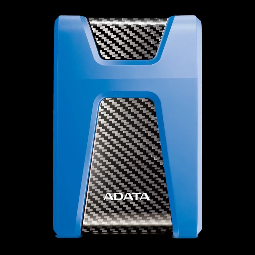 Disque Dur Externe ADATA 1 To USB 3.0 Bleu HD650, vue avant: coque bleue avec panneau central en fibre de carbone et logo