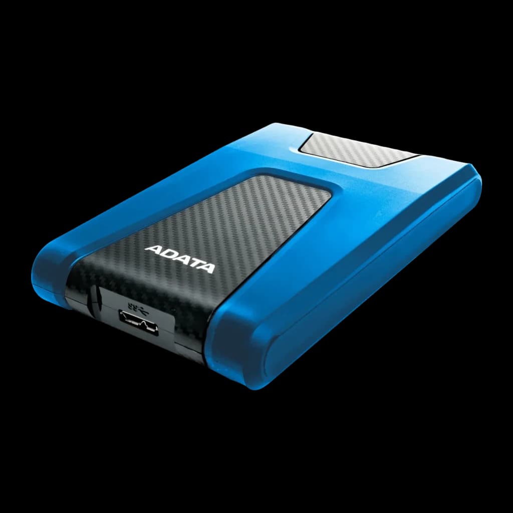 Disque Dur Externe ADATA 1 To USB 3.0 Bleu HD650, vue en perspective: coque bleue avec panneau central en fibre de carbone