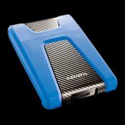 Disco Duro Externo ADATA 1TB USB 3.0 Azul HD650, vista en perspectiva: carcasa azul con textura carbono y puerto USB visible