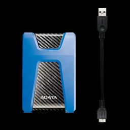 Disco Duro Externo ADATA 1TB USB 3.0 Azul HD650, frontal con cable: carcasa azul y textura carbono, cable USB incluido