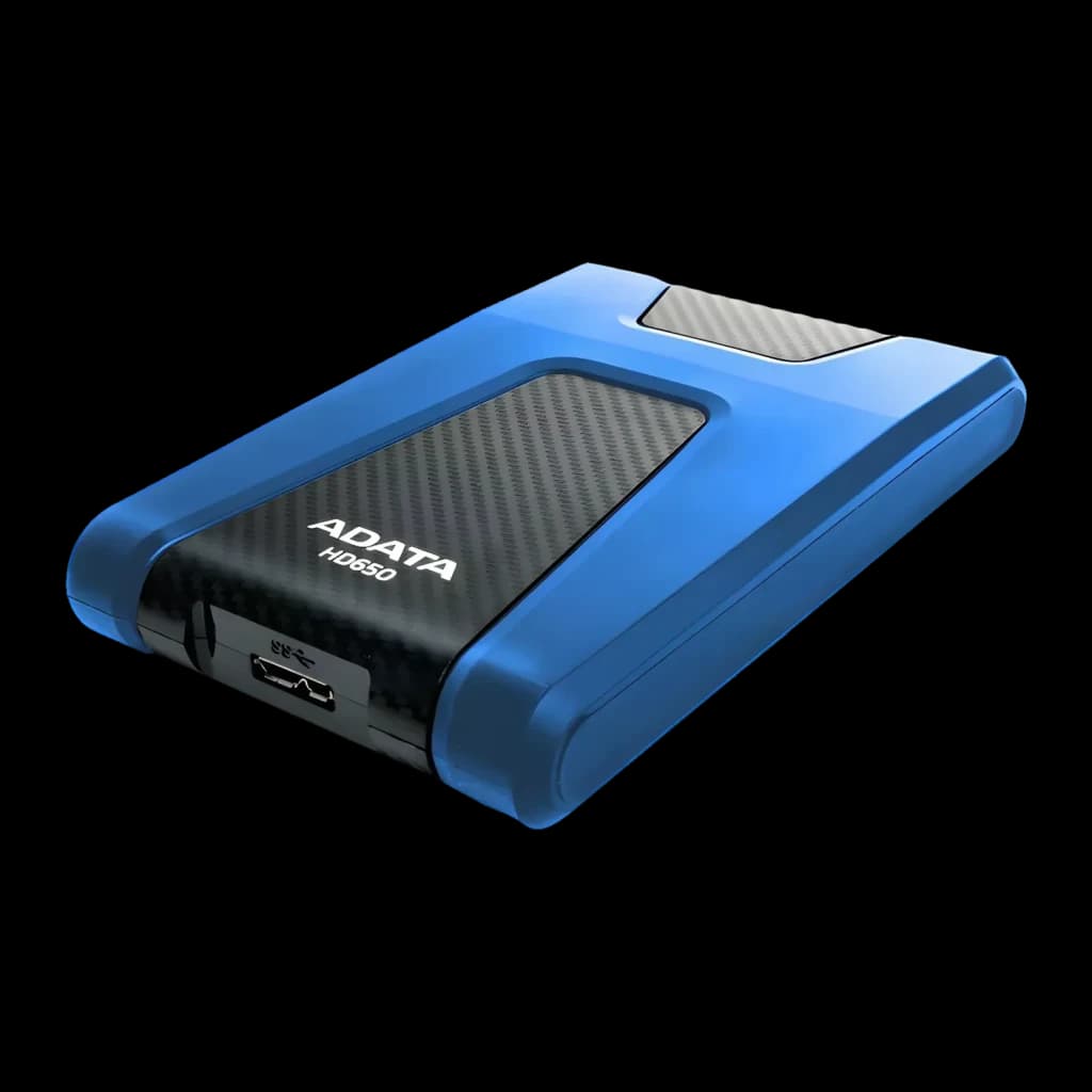 Disque Dur Externe ADATA 1 To USB 3.0 Bleu HD650, vue en perspective: port USB latéral et coque bicolore bleu et noir