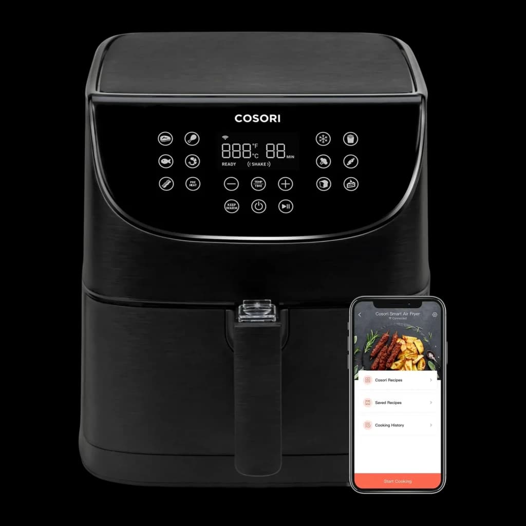 Fritadeira de ar Cosori Smart 5,5L 1700W 11 programas Preto CS158-AF, vista frontal: painel tátil LED e smartphone com app