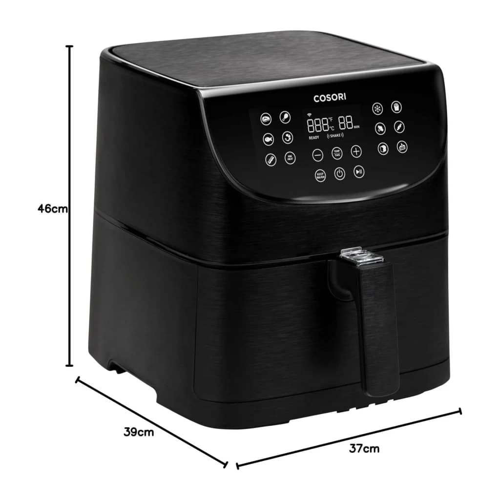 Fritadeira de ar Cosori Smart 5,5L 1700W 11 programas Preto CS158-AF, vista lateral com dimensões: 46cm altura, 39cm