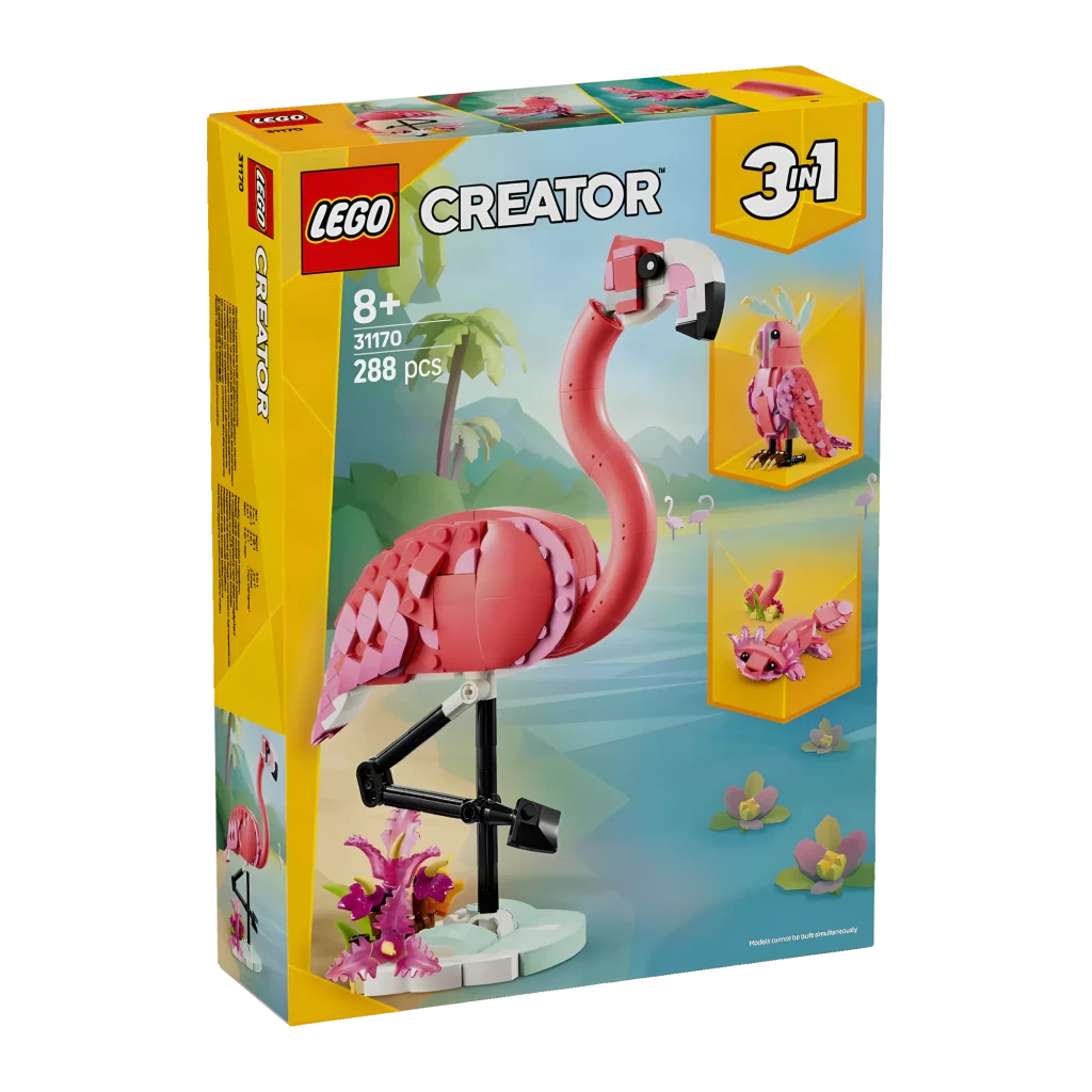 Set LEGO Creator 3 em 1 Flamingo Rosa 31170 288 peças, frontal: caixa amarela com flamingo rosa e modelos alternativos