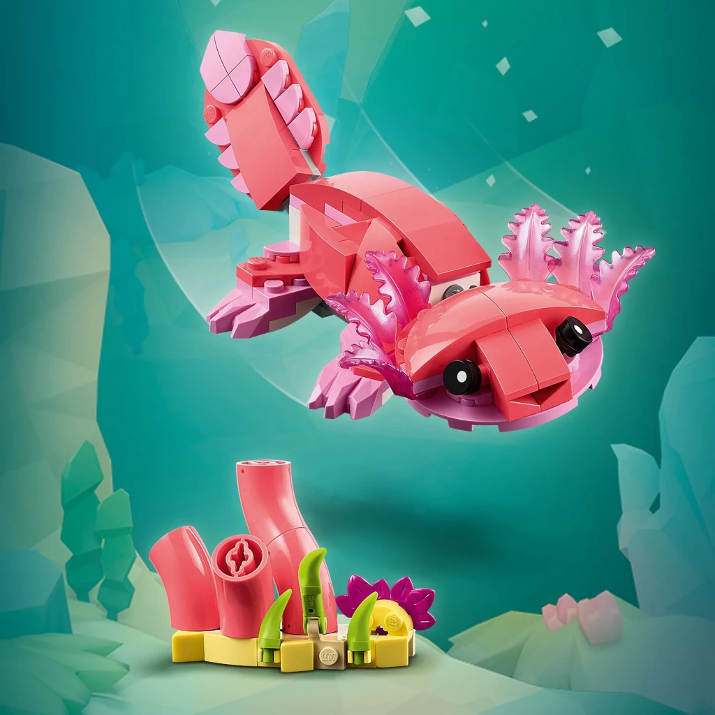 Set LEGO Creator 3 em 1 Flamingo Rosa 31170 288 peças, construção alternativa: axolote rosa nadando em fundo submarino