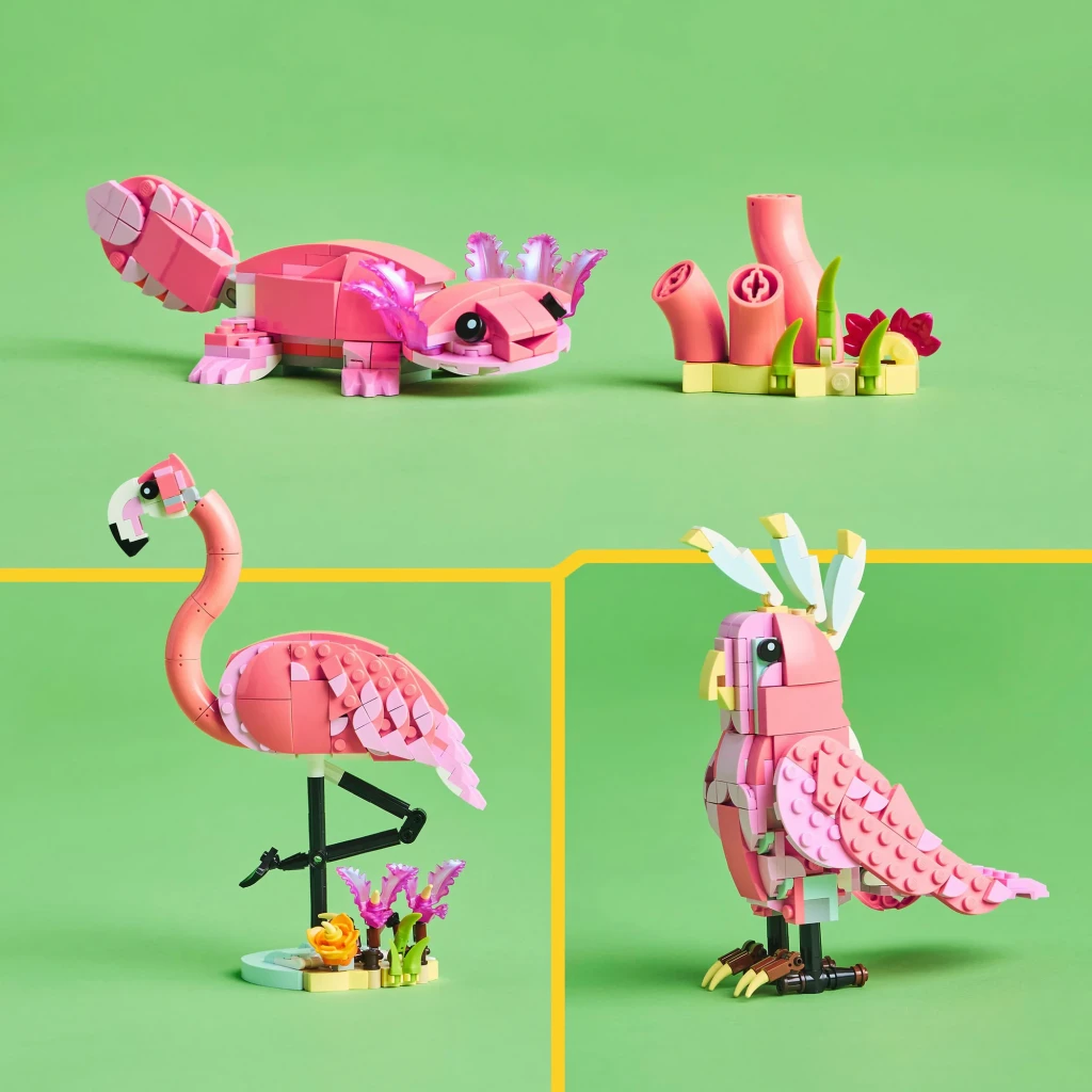 Set LEGO Creator 3 em 1 Flamingo Rosa 31170 288 peças, colagem: axolote, flamingo e cacatua rosas em fundo verde