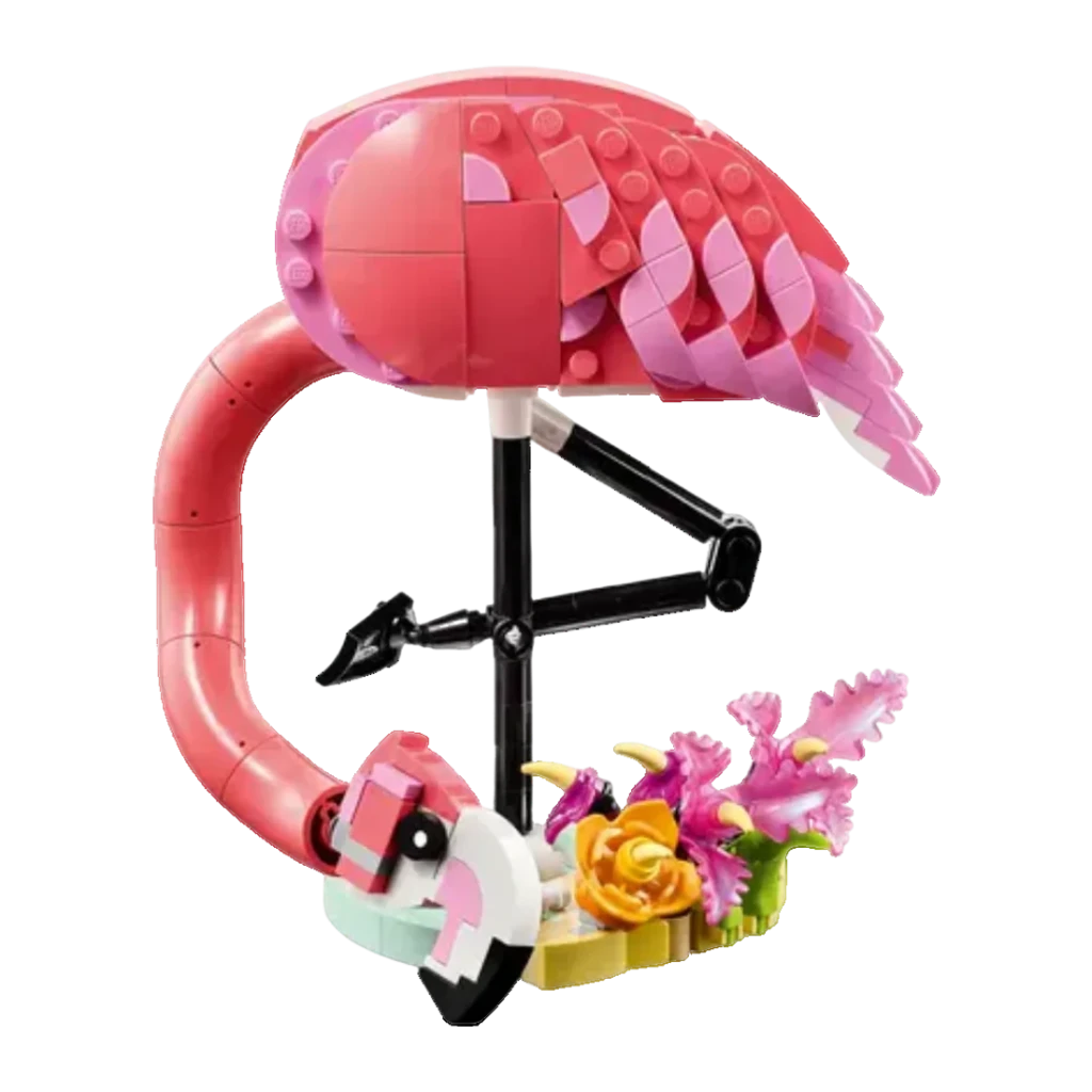 Set LEGO Creator 3 em 1 Flamingo Rosa 31170 288 peças, vista lateral: pescoço curvo, patas pretas e flores coloridas