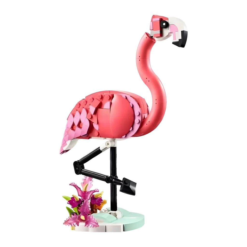 Set LEGO Creator 3 em 1 Flamingo Rosa 31170 288 peças, vista lateral: figura montada com pernas pretas e base decorativa