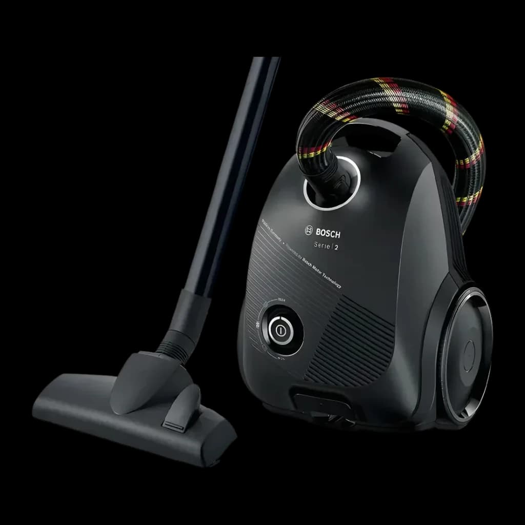 Aspirateur à sac Bosch Série 2 Noir 600W BGDS2CHAMP, vue latérale: corps noir avec flexible à carreaux, suceur sol et bouton
