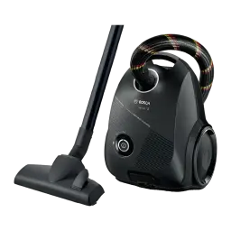 Aspirateur à sac Bosch Série 2 Noir 600W BGDS2CHAMP, vue latérale: corps noir avec flexible à carreaux, suceur sol et bouton