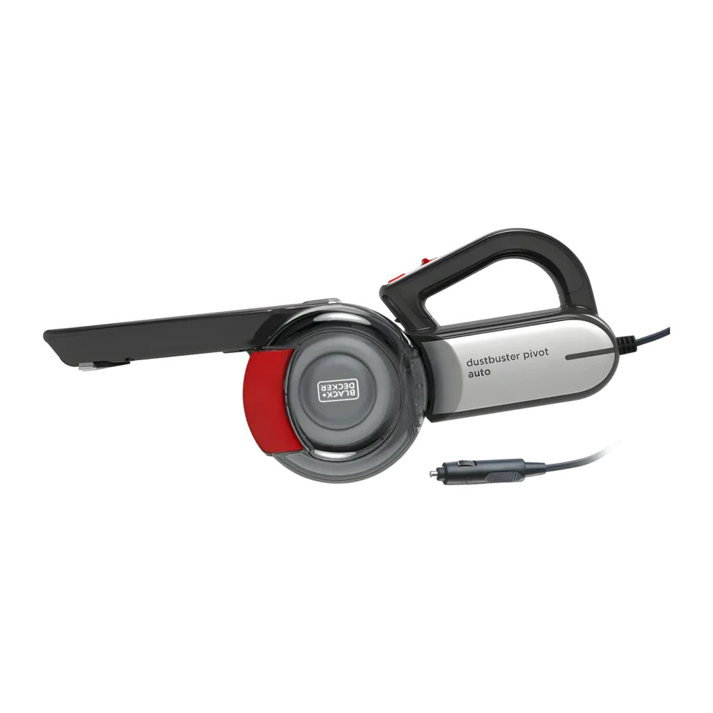 Aspirateur à Main Black & Decker Noir 12,5W PV1200AV-XJ, vue latérale: buse plate, cuve transparente et câble avec prise