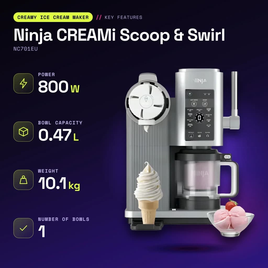 Máquina de Gelados Ninja CREAMi Scoop & Swirl 0,47L 800W Prata NC701EU - características