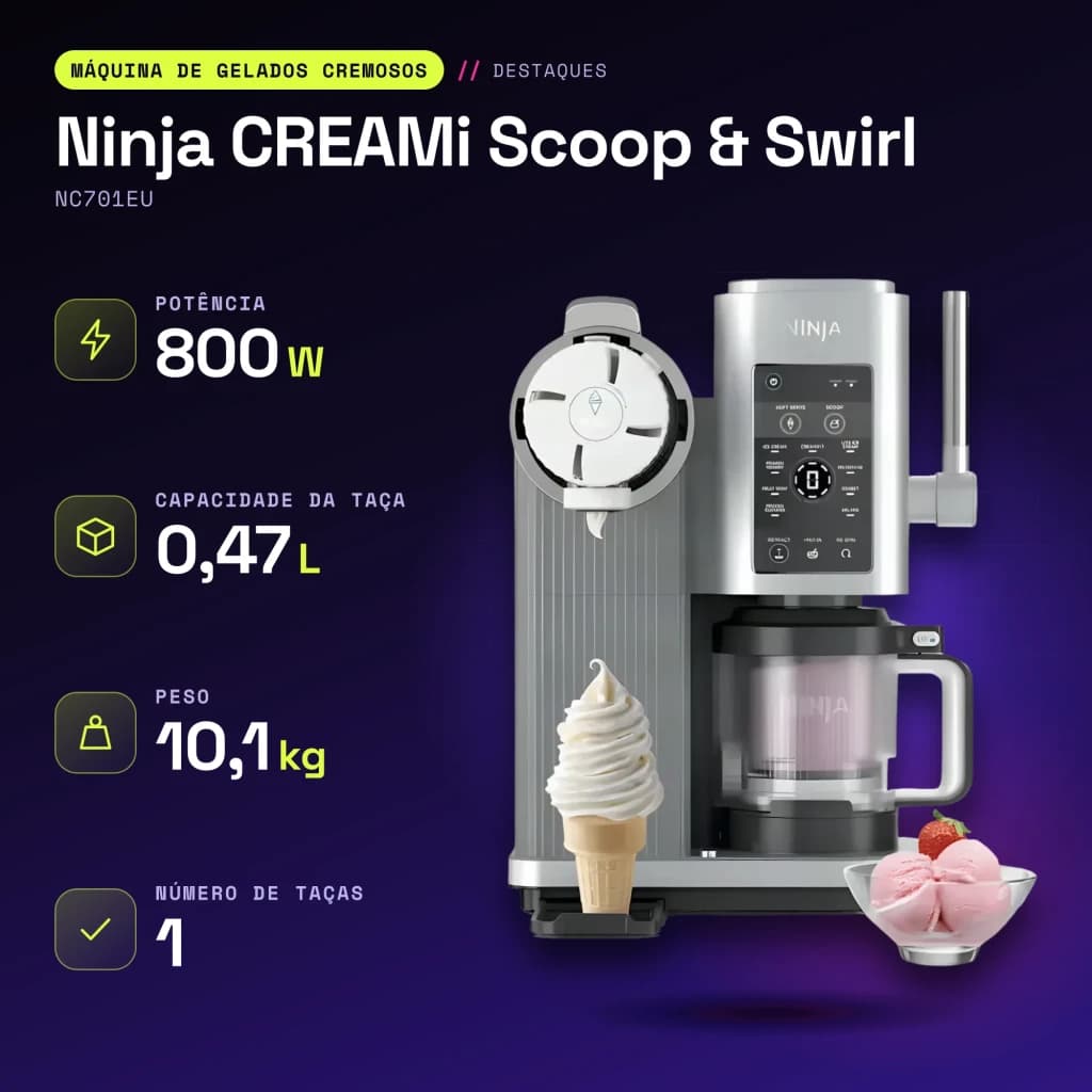 Máquina de Gelados Ninja CREAMi Scoop & Swirl 0,47L 800W Prata NC701EU - características
