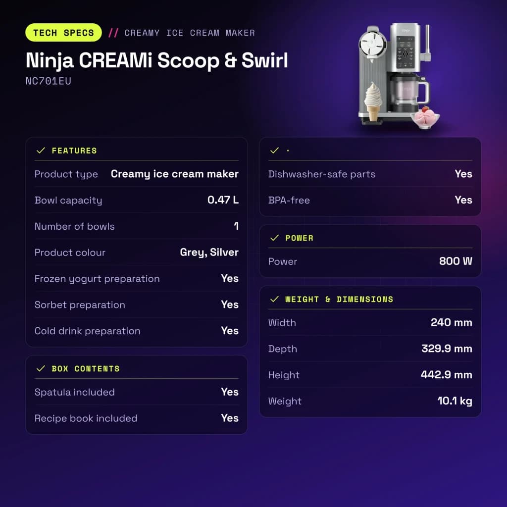 Máquina de Gelados Ninja CREAMi Scoop & Swirl 0,47L 800W Prata NC701EU - características