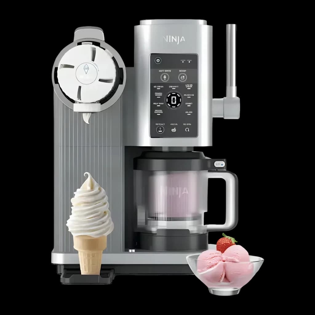 Máquina de Gelados Ninja CREAMi Scoop & Swirl 0,47L 800W Prata NC701EU, vista frontal: painel de controlo, dispensador soft