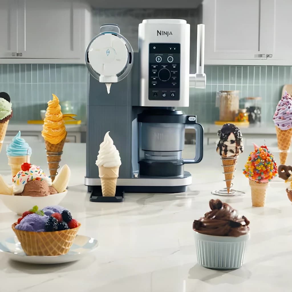 Máquina de Gelados Ninja CREAMi Scoop & Swirl 0,47L 800W Prata NC701EU, vista lifestyle: rodeada de gelados em cones e taças