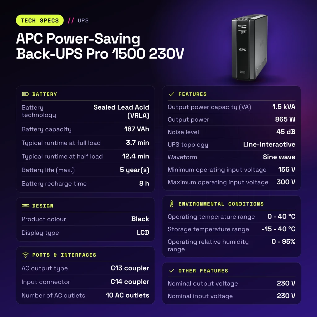 SAI APC Power-Saving Back-UPS Pro 1500 230V Línea Interactiva 1500VA Negro - características