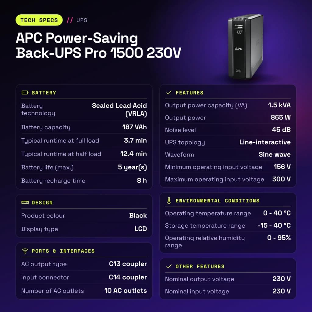 SAI APC Power-Saving Back-UPS Pro 1500 230V Línea Interactiva 1500VA Negro - características