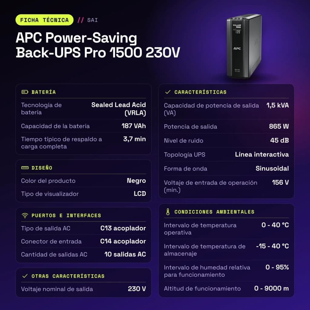 SAI APC Power-Saving Back-UPS Pro 1500 230V Línea Interactiva 1500VA Negro - características