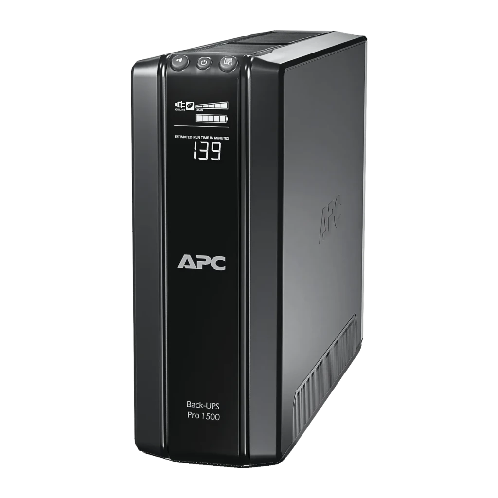 SAI APC Power-Saving Back-UPS Pro 1500 230V Línea Interactiva 1500VA Negro, vista frontal en ángulo: pantalla LCD