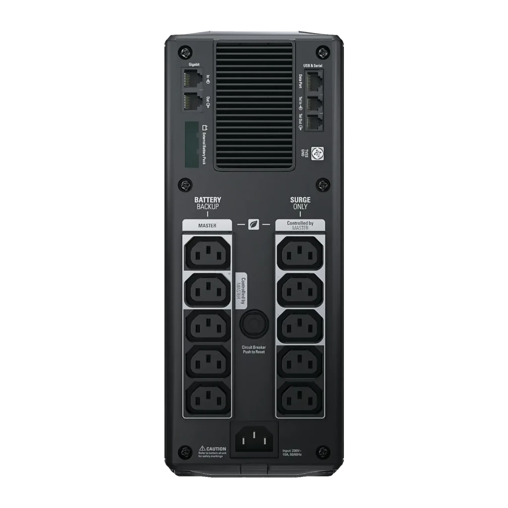 SAI APC Power-Saving Back-UPS Pro 1500 230V Línea Interactiva 1500VA Negro, vista trasera: tomas IEC Battery Backup y Surge