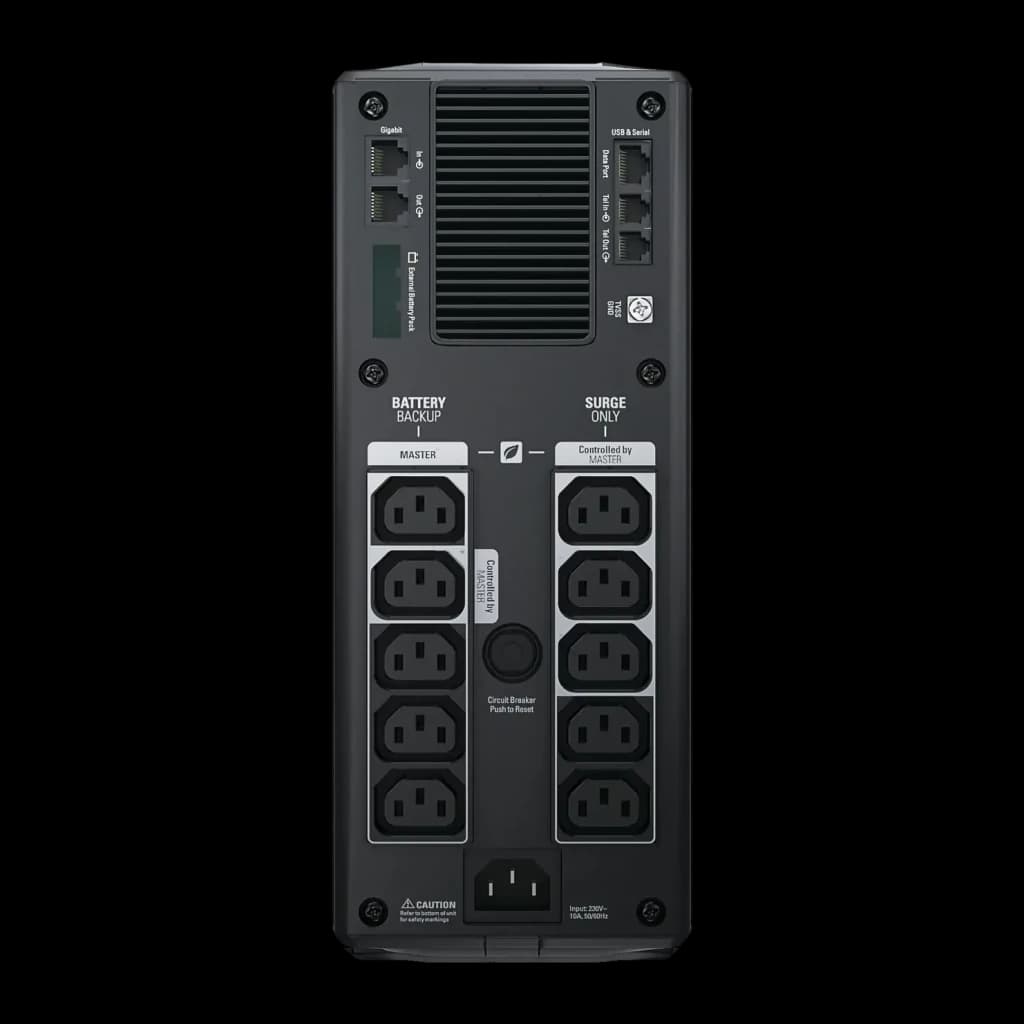 SAI APC Power-Saving Back-UPS Pro 1500 230V Línea Interactiva 1500VA Negro, vista trasera: tomas IEC Battery Backup y Surge