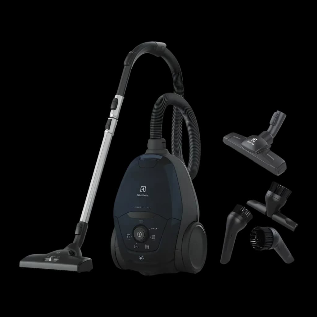 Aspirador cilíndrico Electrolux PD82-4ST Preto 600W, vista principal: corpo, tubo, mangueira e 4 acessórios incluídos