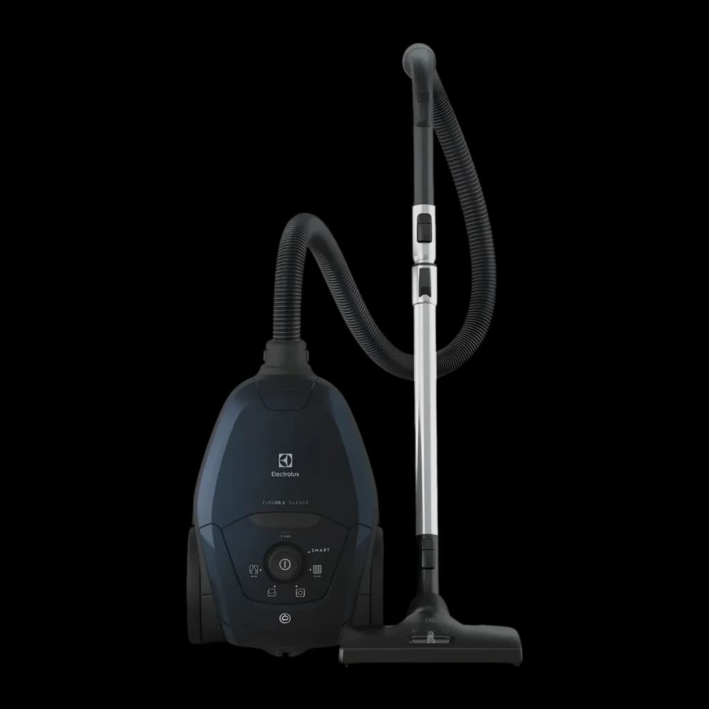 Aspirador cilíndrico Electrolux PD82-4ST Preto 600W, vista frontal: corpo, mangueira flexível, tubo telescópico prateado