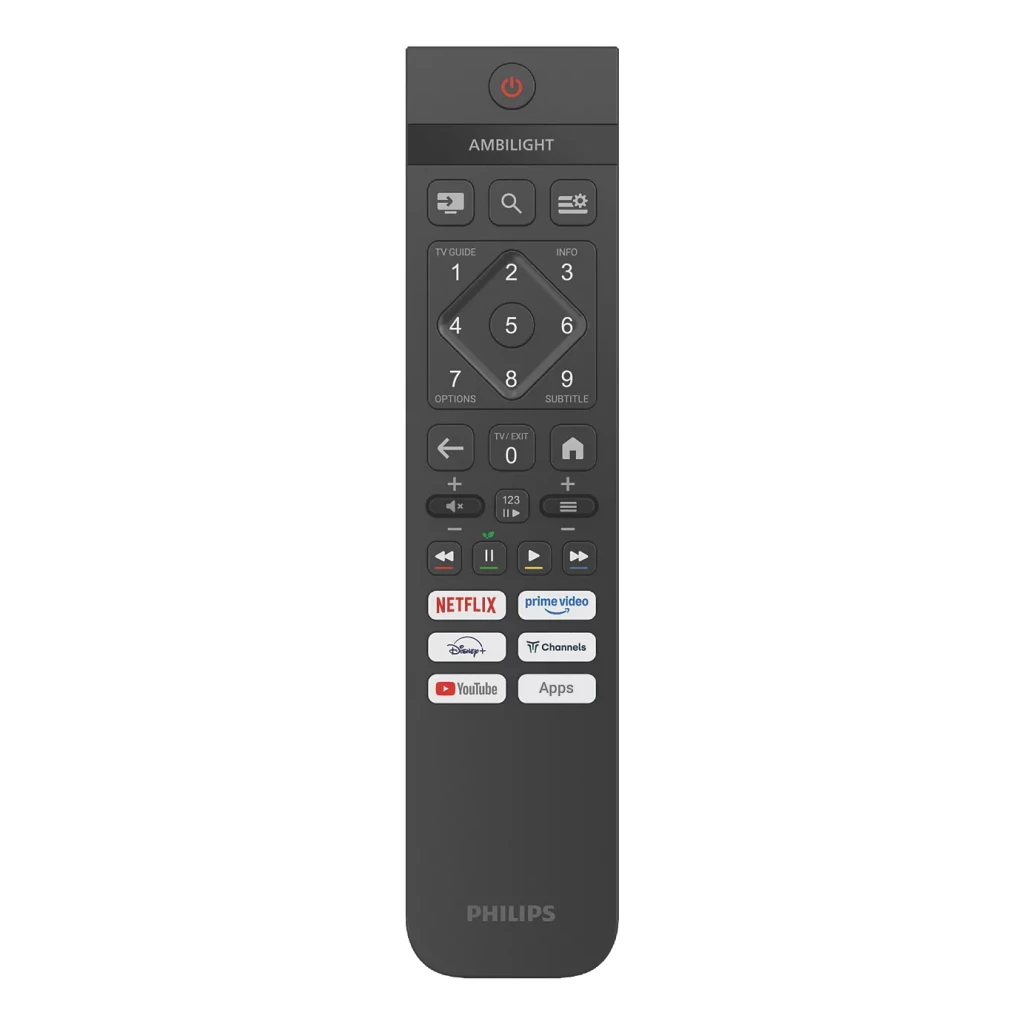 TV Philips 65 pouces LED 4K UHD Titan OS Noir 65PUS8001/12, télécommande: bouton Ambilight, touches numériques et raccourcis