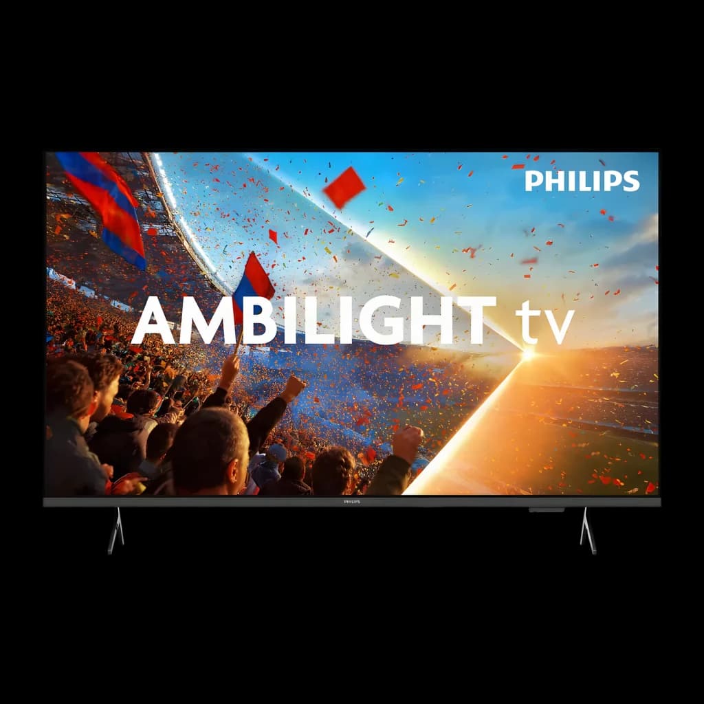TV Philips 65 pouces LED 4K UHD Titan OS Noir 65PUS8001/12, vue de face: écran avec logo Ambilight TV et scène sportive