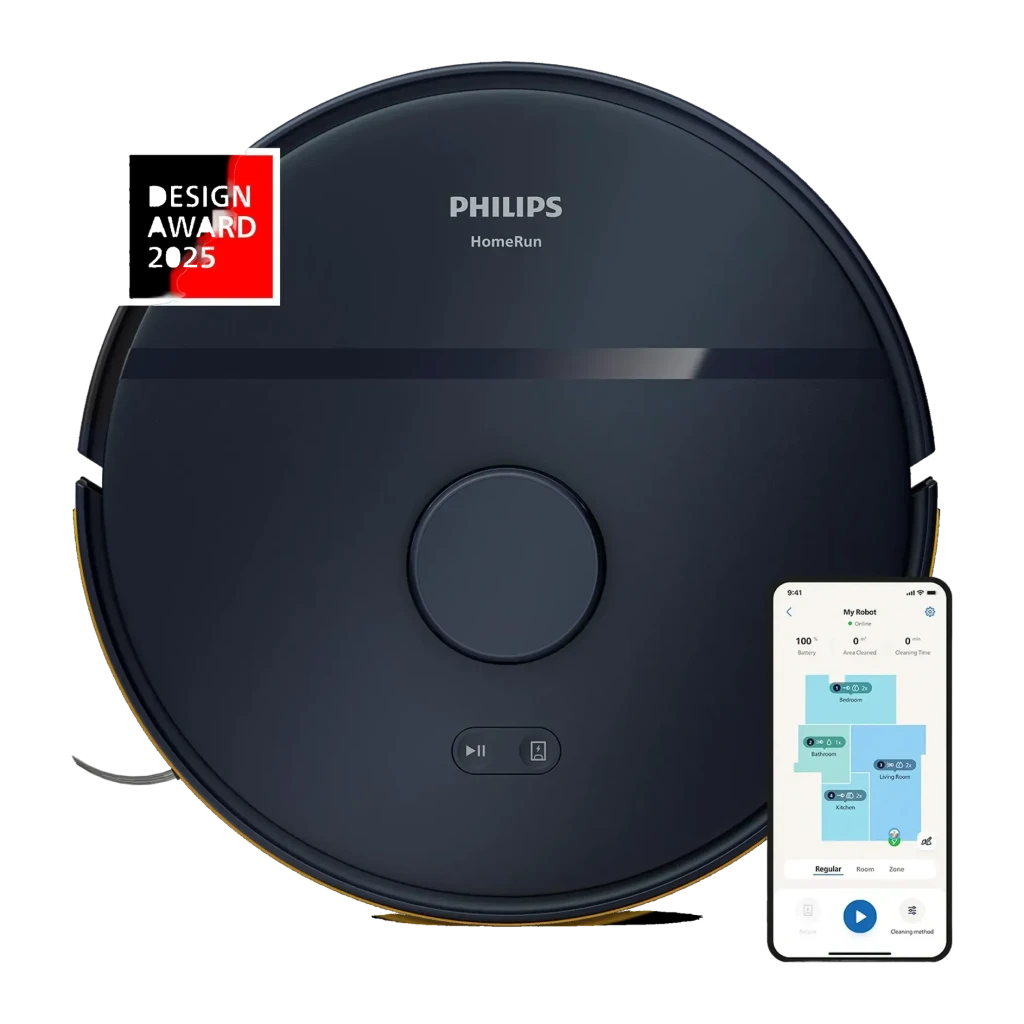 Aspirateur Robot Philips HomeRun 2000 Series Noir LiDAR 2700Pa 130min XU2000, vue dessus: corps circulaire avec logo