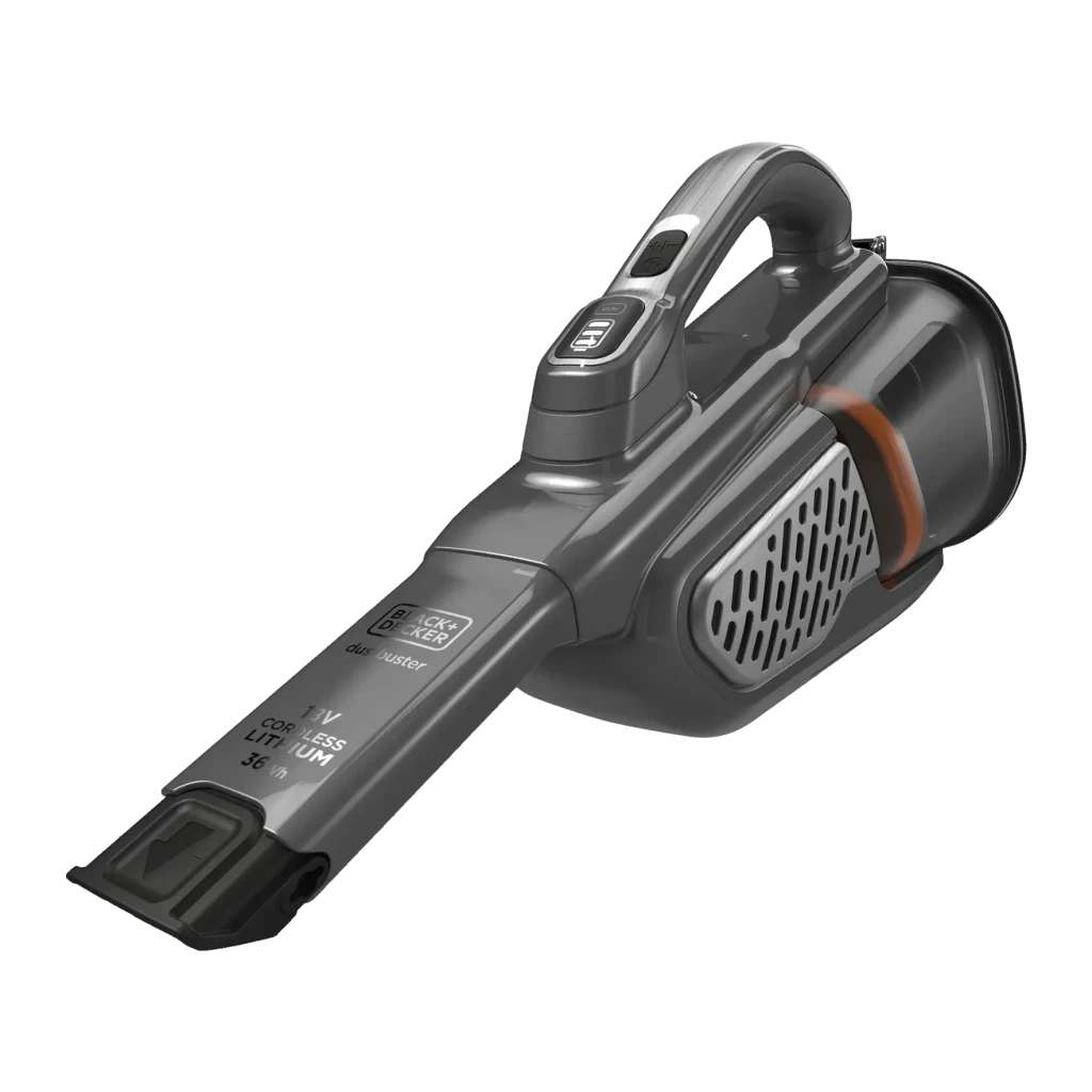 Aspirateur à Main Black & Decker Noir Sans Fil 18V 21min BHHV520JF, vue diagonale: buse plate, grille latérale et poignée