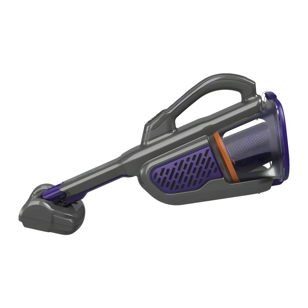 Aspirateur à Main Black & Decker Spécial Animaux Noir Sans Fil 35AW 36W 21min BHHV520BFP, vue latérale en angle: corps gris