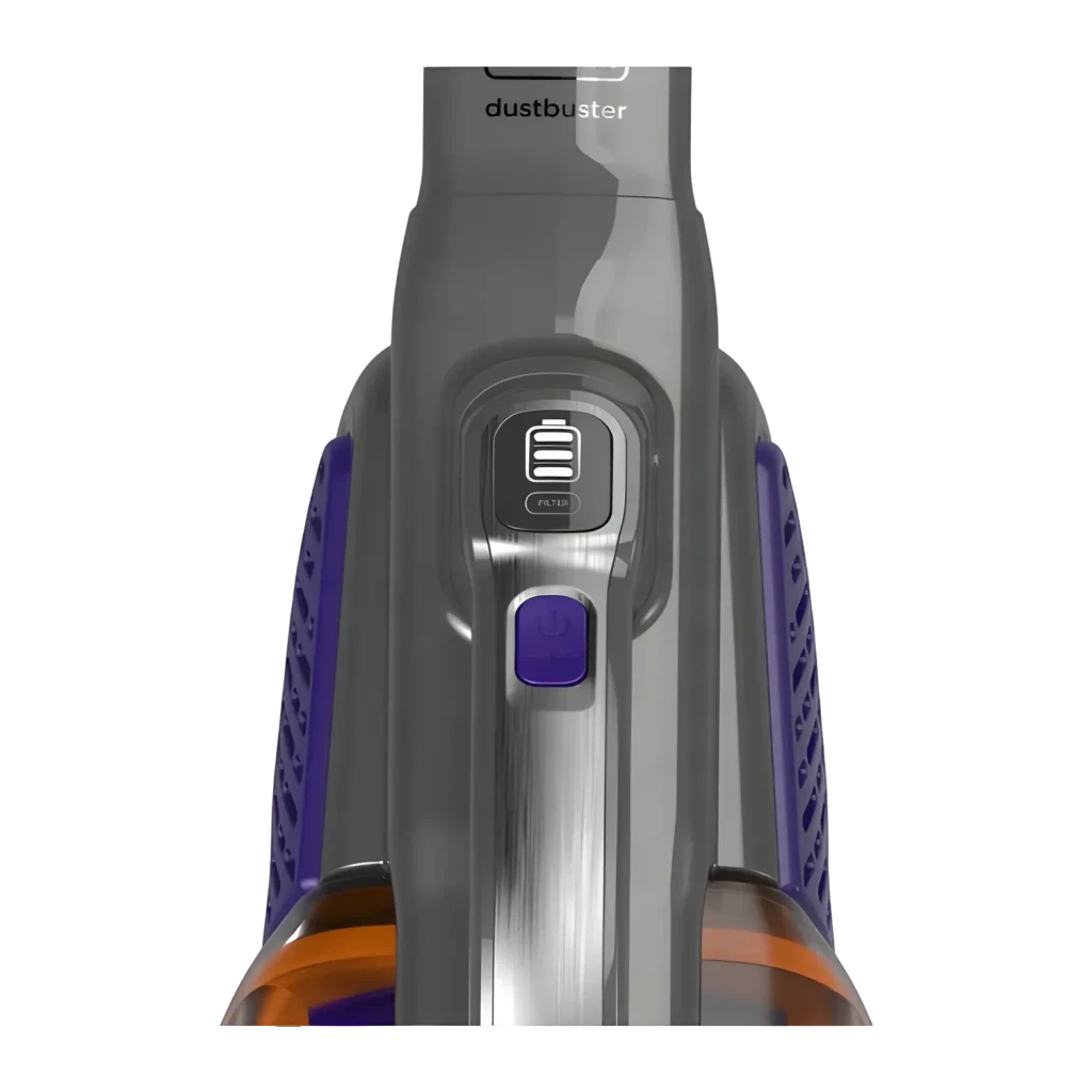 Aspirateur à Main Black & Decker Spécial Animaux Noir Sans Fil 35AW 36W 21min BHHV520BFP, vue avant: bouton marche violet